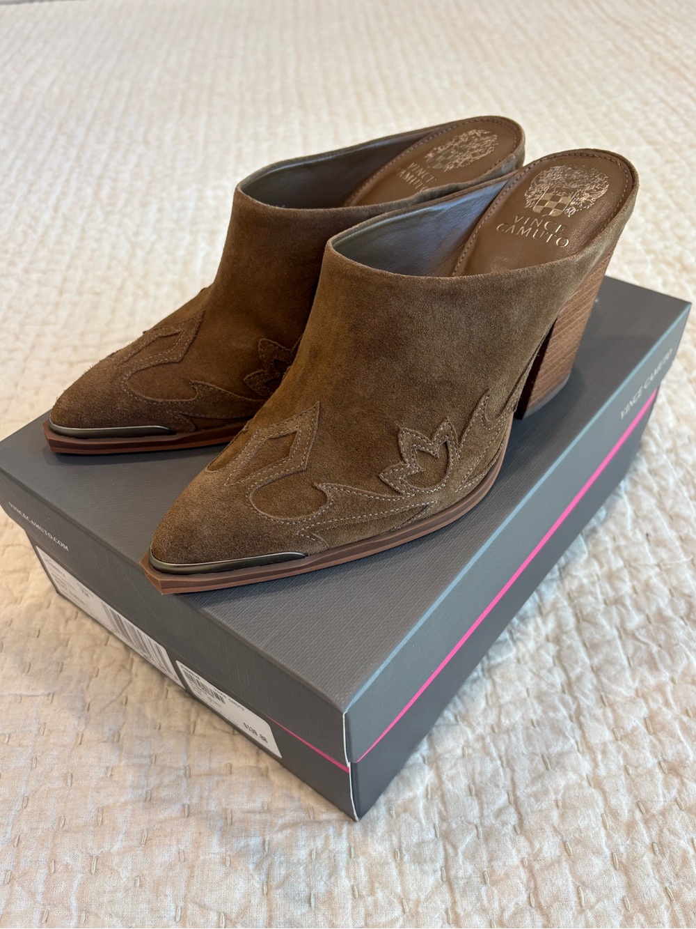 Vince Camuto Reishi Silky Suede Pointed Toe Western Mule Heels
